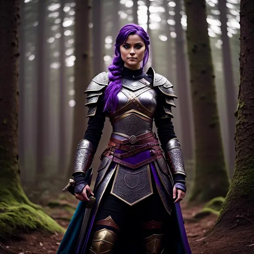 Prompt: A photo of <mymodel> standing in a forest with her sword drawn ready for a fight