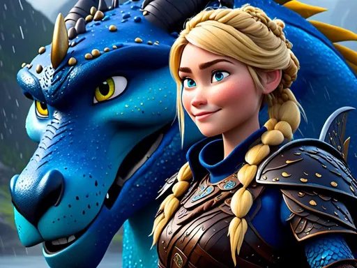 Prompt: <mymodel>CGi Animation, 20-year-old viking woman with blue eyes, a rainy scene, she is standing next to a bright blue dragon with gold highlights, they are both in the rain, the viking woman has a subtle smile, blonde hair in a ponytail style, she has blue gear, gold armor, black pants, black boots