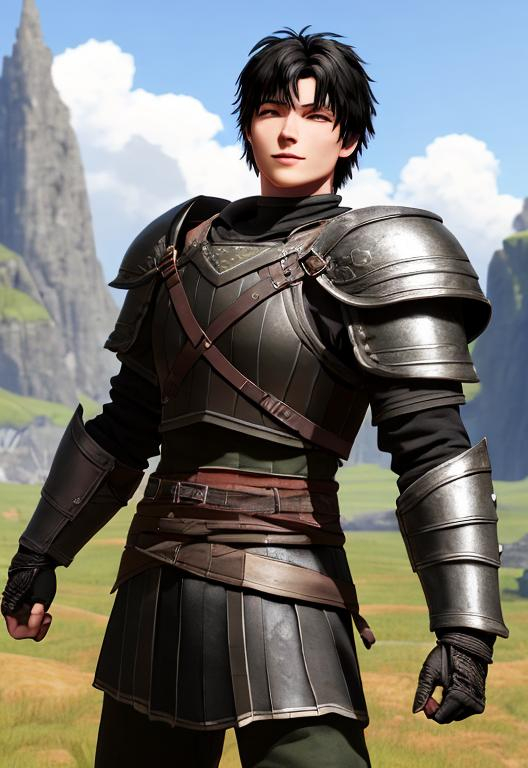 Prompt: Full character, kind of dorky, shy, Digital art, 22-year-old viking man, black hair. green armor. blue gear. medium-length black hair, subtle smile, short black stubble beard, hazel eyes, adventurer, blue sky background, unreal engine 8k octane, 3d lighting