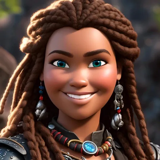 Prompt: <mymodel>CGI Animation, 20-year-old-old pirate woman, head is in rhe shape of an oval, {{brown gear, silver armor}}, brunette hair, dreadlocks, subtle smile, beads hair, small red earrings, multiple braids, straight hair, blue eyes, bracelets, rings on fingers, mercenary gear, unreal engine 8k octane, 3d lighting, full body, full armor