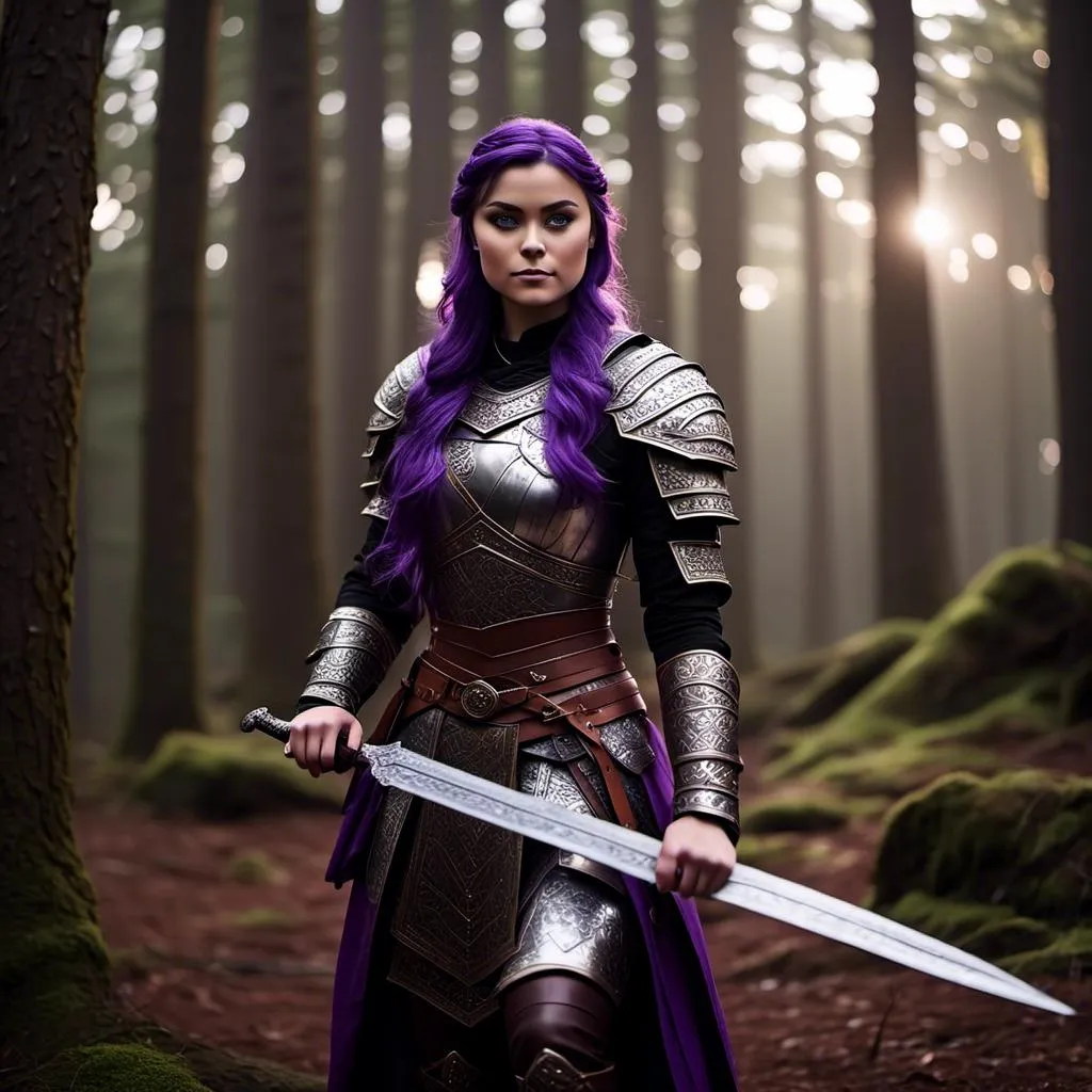 Prompt: A photo of <mymodel> standing in a forest with her sword drawn ready for a fight