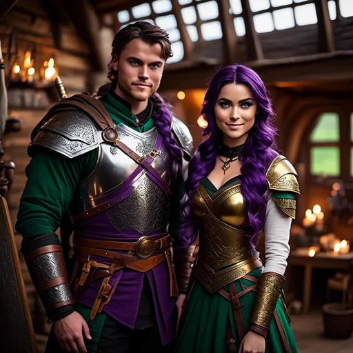 Prompt: Photo of <mymodel> standing in her hut with her husband Jarl Everson who is 24-years old who has brown (((short)) wavy hair and green gear