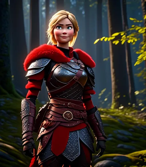 Prompt: <mymodel>CGI Animation, digital art, 20-year-old-old viking woman with light blue eyes standing in a dimly lit forest, blue assassin's creed clothes, red colored armor, blonde straight hair, subtle smile, unreal engine 8k octane, 3d lighting, cinematic lighting, camera shot of full armor from head to toe