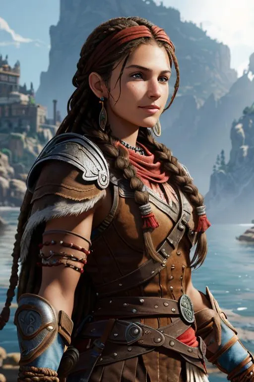 Prompt: Digital Art, 20-year-old pirate woman, red bandana around hair above forehead, looking at camera, muscular build, brown gear, brown pants, assassin's creed Odyssey armor, jeweled hair band, brunette hair, dreadlocks, subtle smile, beads hair, small red earrings, multiple braids, straight hair, blue eyes, bracelets, rings on fingers, mercenary gear, unreal engine 8k octane, 3d lighting, full body, full armor