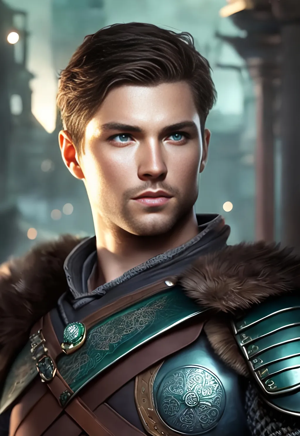 Prompt: he has short brown hair, create most handsome fictional male viking warrior, short brown hair, light green eyes, extremely detailed environment, detailed background, intricate, detailed skin, professionally color graded, photorealism, 16k, moody lighting