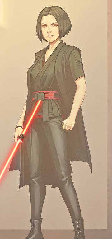 Prompt: A young woman Sith lord, with black short-length hair, black pants, a subtle smile, a black short sleeve shirt, a black vest past the waist, a black belt, black boots, two lightsabers one red and one light pink