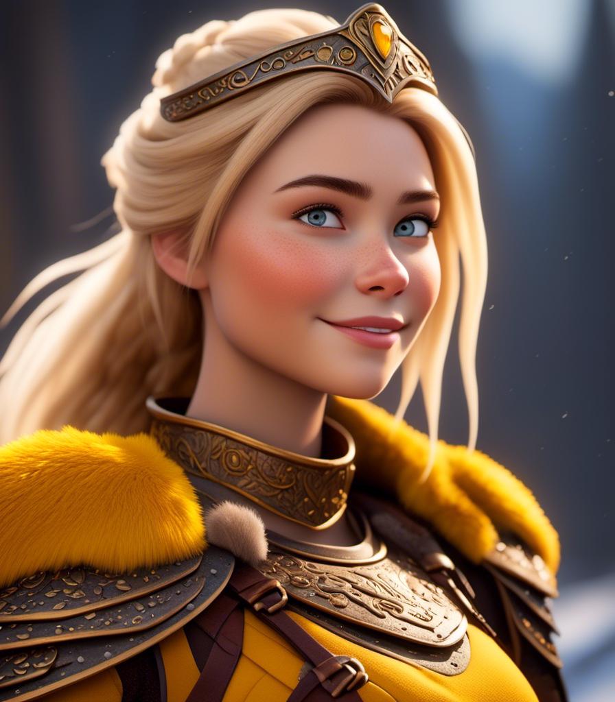 Prompt: <mymodel>CGI Animation, digital art, 20-year-old-old viking woman with light blue eyes, yellow mask over her eyes, yellow clothes, gold colored armor, blonde straight hair, subtle smile, unreal engine 8k octane, 3d lighting, full armor