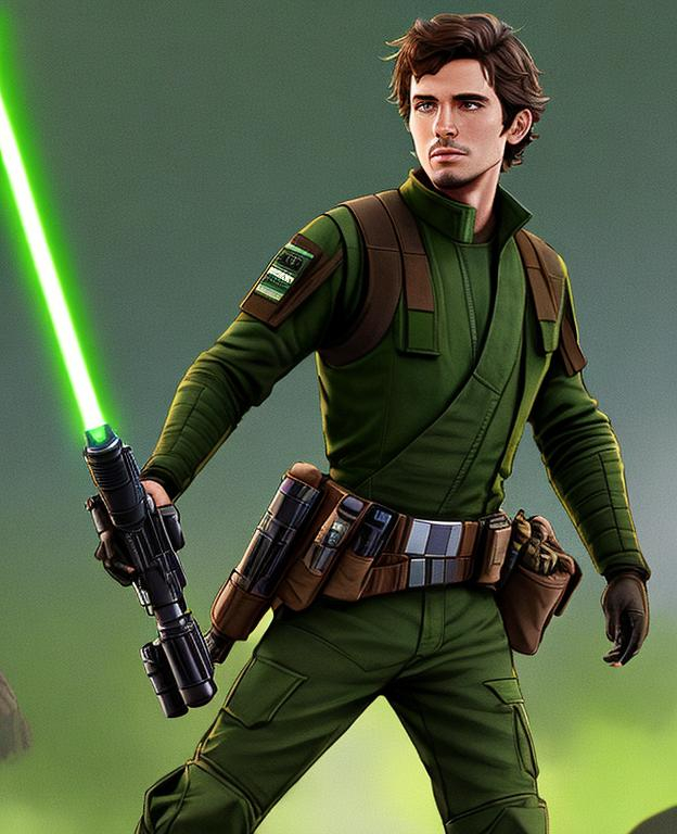 Prompt: Digital Art, 26-year-old man on Lothal in Star Wars, green lightsaber, green eyes, short brown hair, star wars pilot, green gear, tactical belt, long sleeve shirt, brown pants, a280c blaster rifle, unreal engine 8k octane, full body, full gear