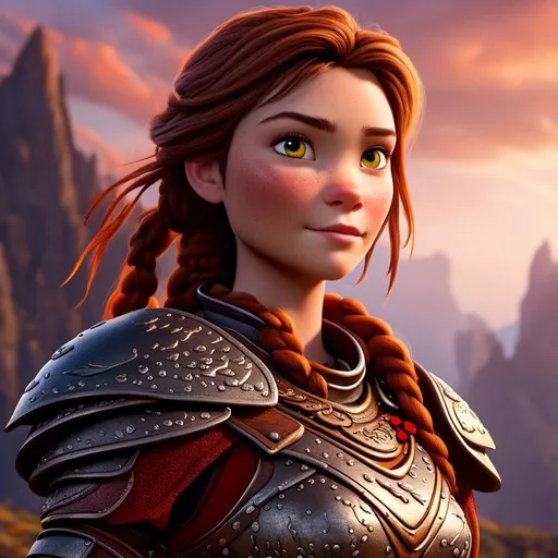 Prompt: <mymodel>CGI Animation of a viking female, brown hair with some braids, hazel eyes, bright red gear and armor, yellow highlights and textures, dragon scale textures and armor, intricate details, high quality, digital painting, cool tones, dramatic lighting