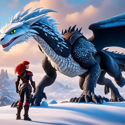 Prompt: <mymodel>CGI animation, 40-year-old woman, white dragon with light blue highlights, red hair, dreadlocks, braids, light blue eyes, black gear, black armor, standing on a snowy plain with her white dragon