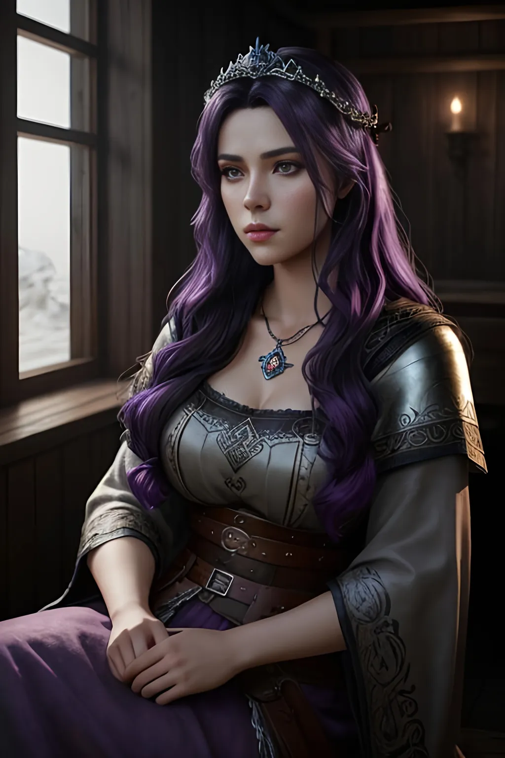 Prompt: create most beautiful fictional female viking princess with dark purple hair, another beautiful fictional female but with black hair, extremely detailed environment, detailed background, intricate, detailed skin, professionally color graded, photorealism, 8k, moody lighting