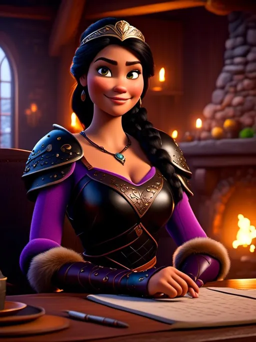 Prompt: <mymodel>CGI Animation, digital art, 20-year-old-old viking princess woman of royalty sitting at a desk in her home in the living room next to the fireplace, light blue eyes, {{black gear, purple armor}}, black hair, single braid down her shoulder with a tiara, subtle smile, unreal engine 8k octane, 3d lighting, close up camera shot on the face, full armor