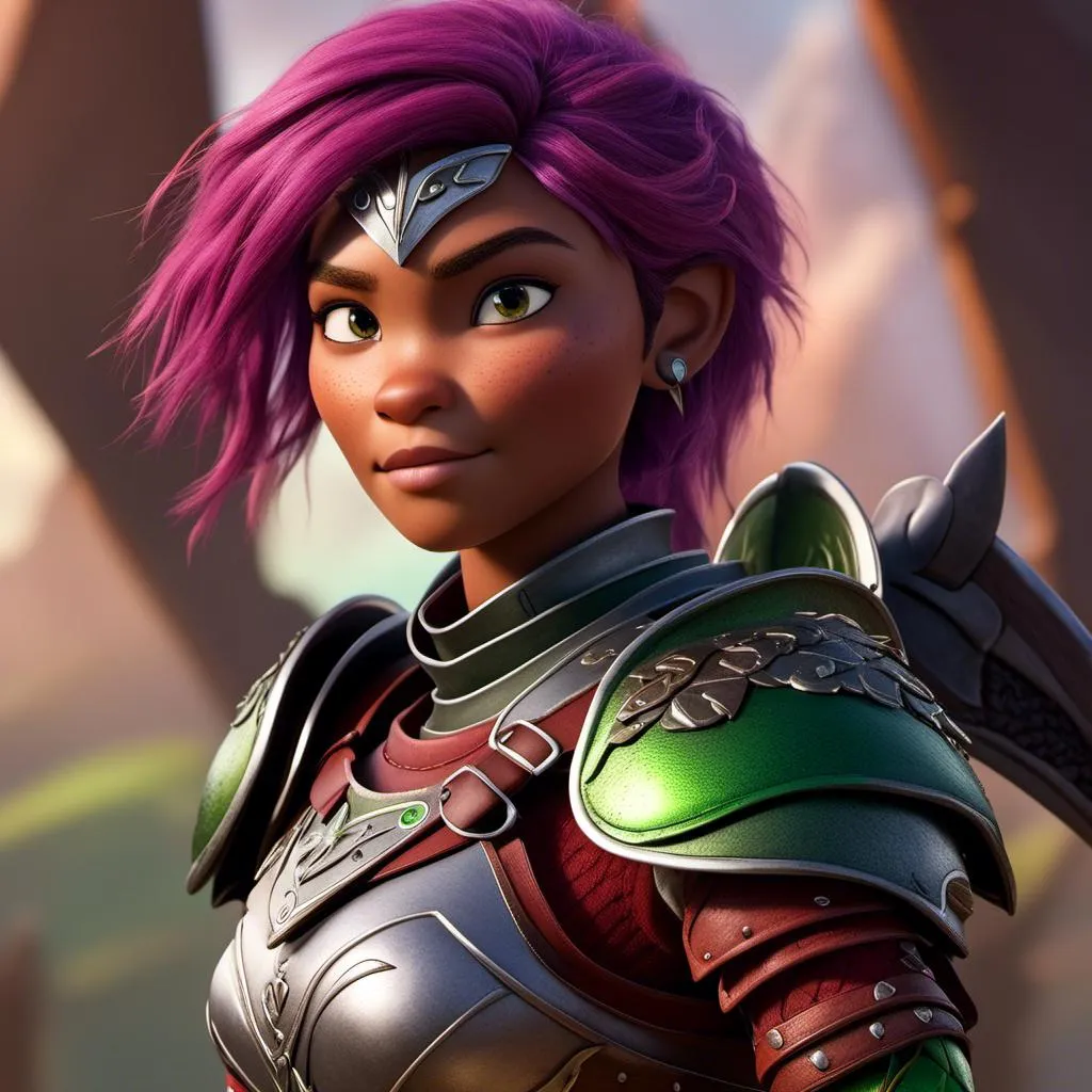 Prompt: <mymodel>Animated CGI style of a fierce Caucasian white Viking female about 25 years old, purple hair, detailed facial features, leather armor ((red)) and green armor, battle axe and shield, intense and determined expression, dynamic and powerful pose, high definition, CGI, detailed armor, fierce female, Nordic designs, battle-ready, dynamic pose, professional lighting