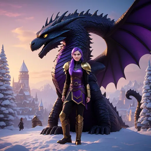 Prompt: Photo of <mymodel> standing next to her ((black)) razorwhip dragon from How to Train Your Dragon in the snow