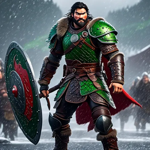 Prompt: <mymodel>Animated CGI style of a fierce Viking male about 25 years old, black hair, detailed facial features, leather armor {{((red))}} and green armor, battle axe and shield, standing in the rain, intense and determined expression, dynamic and powerful pose, high definition, CGI, detailed armor, fierce female, Nordic designs, battle-ready, dynamic pose, professional lighting