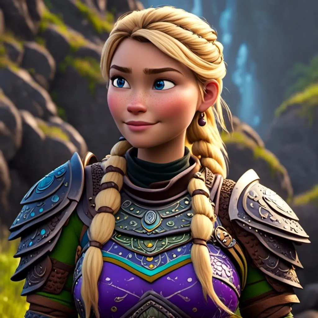 Prompt: <mymodel>CGI Animation of female viking, blonde straight hair a hairband, blue eyes, bright purple and green armor, yellow highlights dor gear and textures, full light body armor, standing in a viking village, intricate details, high quality, digital painting, cool tones, dramatic lighting