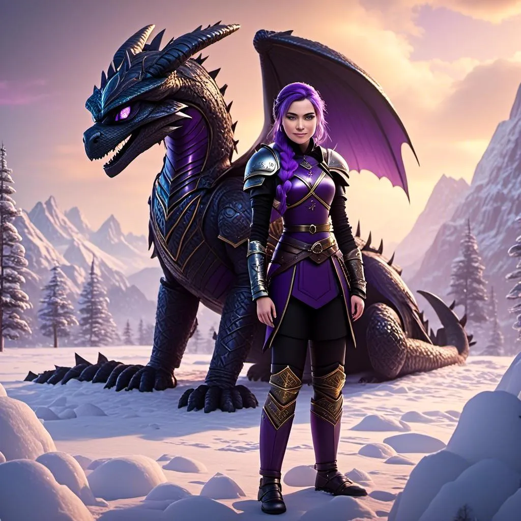 Prompt: Photo of <mymodel> standing next to her ((black)) razorwhip dragon from How to Train Your Dragon in the snow