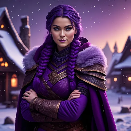 Prompt: Photo of <mymodel> she has a single braid down her shoulder with a heavy purple fur coat wearing a hood with a purple fur edge, she is in a viking village standing as snow falls