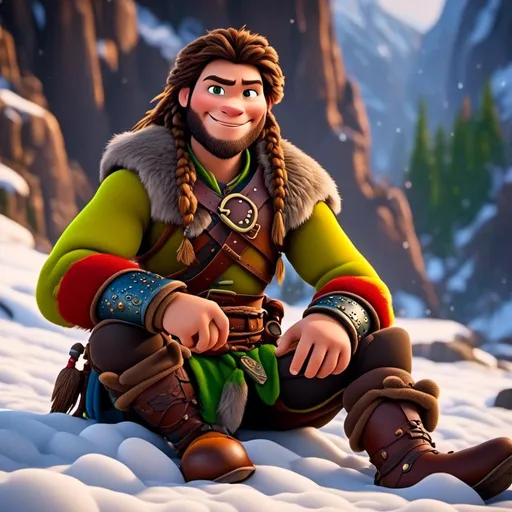 Prompt: <mymodel>CGI Animation, 20-year-old-old pirate man, sitting on a snow bank, a snowy scene, {{yellow gear, blue armor}}, brunette hair, dreadlocks, subtle smile, beads hair, small red earrings, multiple braids, yellow gear, straight hair, green eyes, bracelets, rings on fingers, mercenary gear, unreal engine 8k octane, 3d lighting, close up camera shot on the face, full armor