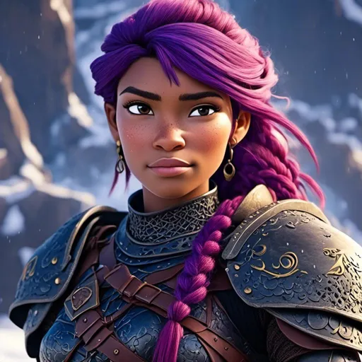 Prompt: <mymodel>animated CGI style, caucasian, purple hair, viking female warrior, detailed braided hair and battle scars, rugged and weathered armor, intense and determined gaze, snowy and rugged landscape, fierce, warrior, detailed hair, battle scars, snowy landscape, intense gaze, weathered armor, dramatic lighting