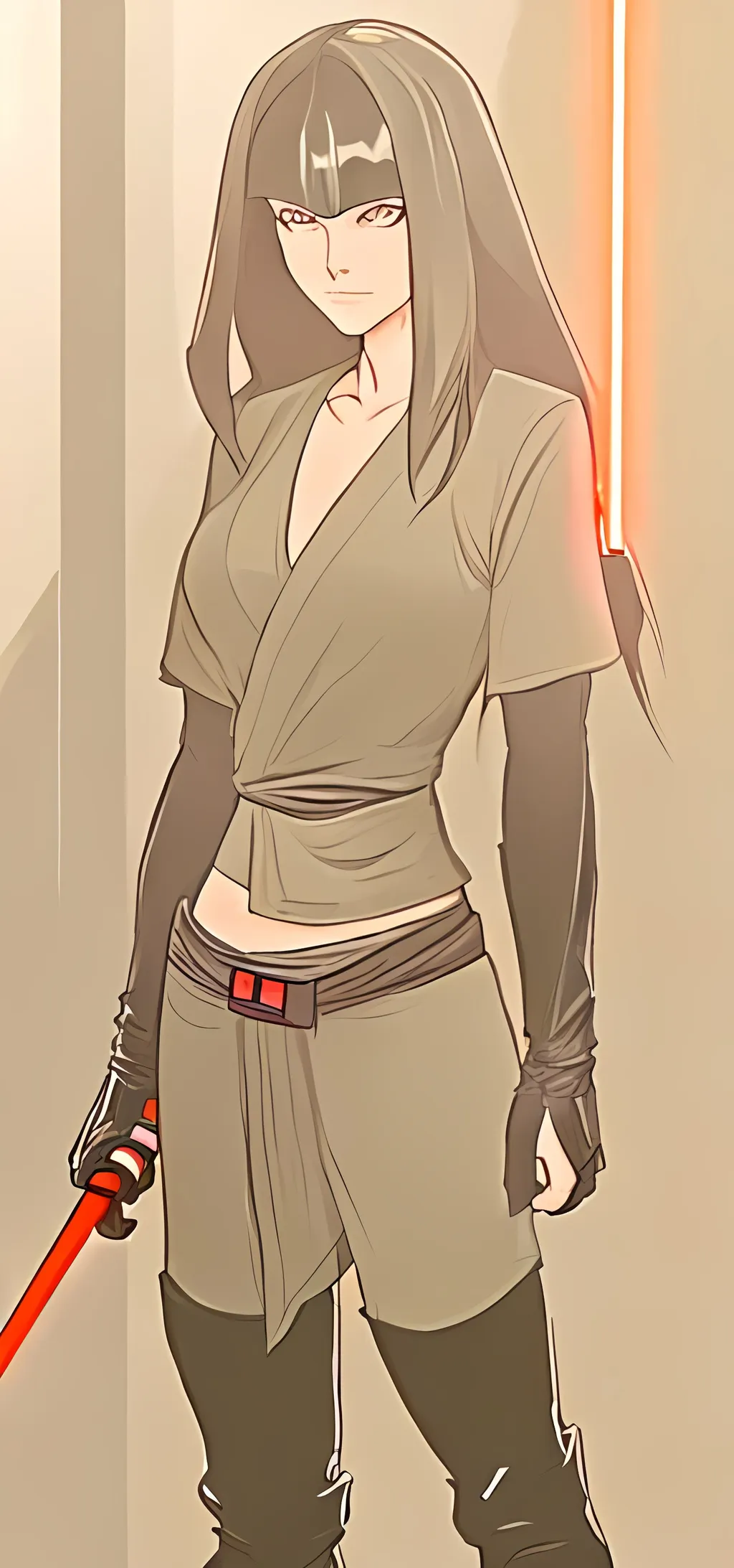 Prompt: A woman sith lord, black medium-length hair, black short sleeve shirt, black vest past waist, black belt, black pants, black boots, two lightsabers one red one light pink