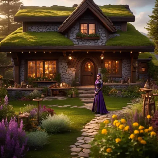 Prompt: Photo of <mymodel> tending garden, viking house, lush greenery, warm and inviting, realistic painting, cozy atmosphere, detailed features, vibrant colors, high quality, realistic, lush garden, viking architecture, peaceful setting, warm lighting, detailed clothing, serene and natural, realistic colors, cozy ambiance, professional, atmospheric lighting