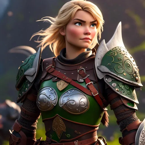 Prompt: <mymodel>Animated CGI style of a fierce Caucasian white Viking female about 25 years old, blond hair, detailed facial features, leather armor red and green armor, battle axe and shield, intense and determined expression, dynamic and powerful pose, high definition, CGI, detailed armor, fierce female, Nordic designs, battle-ready, dynamic pose, professional lighting