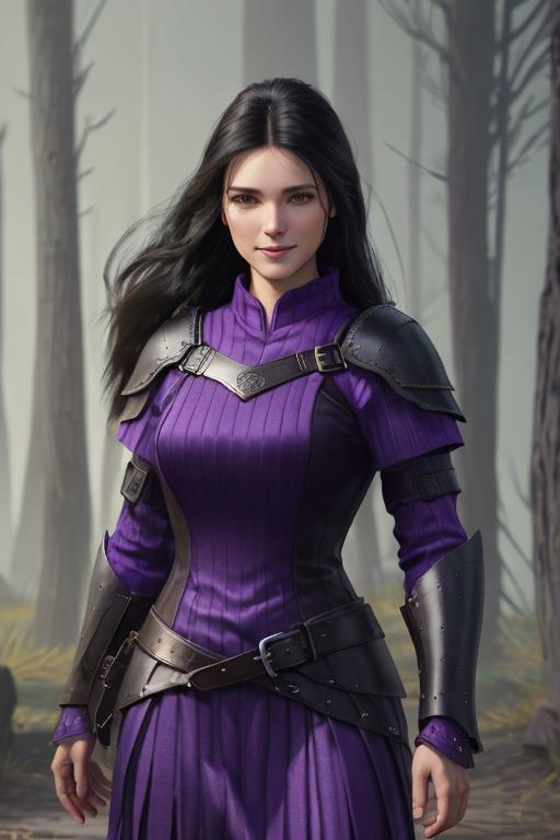 Prompt: Digital Art, 25-year-old viking woman, purple gear, purple clothes, subtle smile, black straight hair, dark purple eyes, a dark purple long-sleeve shirt, textured skirt down to knees, dark purple pants, dark purple armor, long black hair with volume, middle part in hair, leather boots, dark purple gear, unreal engine 64k octane, hdr, 3d lighting, full body, full armor