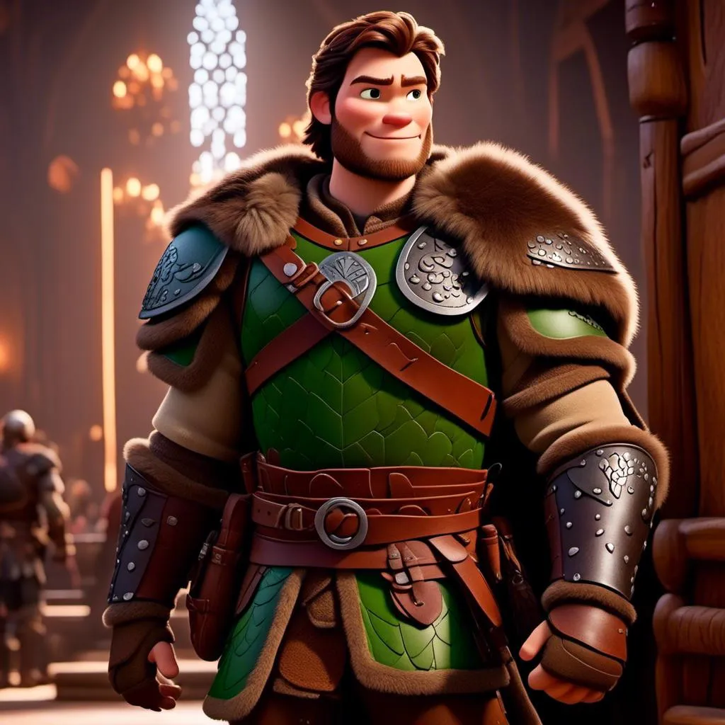 Prompt: <mymodel> viking man, lawyer, thin, small stature, standing in The Great Hall, medium length brown hair, sly smile, brown eyes, no armor, European-like brown gear, brown leather vest, long sleeve green shirt underneath the brown leather vest, black highlights on his clothes, brown pants, brown boots, historical, strong and natural lighting