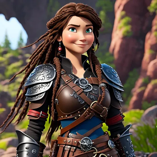 Prompt: <mymodel>CGI Animation, 20-year-old-old pirate woman, brown gear, silver armor, brunette hair, dreadlocks, subtle smile, beads hair, small red earrings, multiple braids, straight hair, blue eyes, bracelets, rings on fingers, mercenary gear, unreal engine 8k octane, 3d lighting, full body, full armor