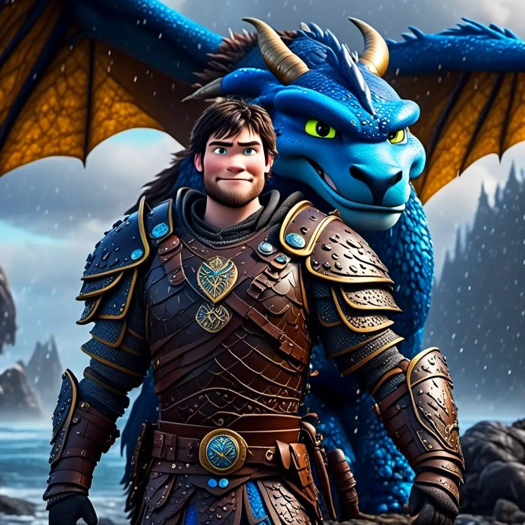 Prompt: <mymodel>CGi Animation, 20-year-old viking man with blue eyes, a rainy scene, the viking man has a subtle smile, black hair, he has blue gear, gold armor, black pants, black boots, he is standing next to a bright blue dragon with gold highlights, they are both in the rain, 