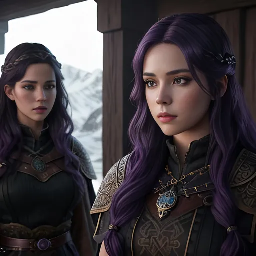 Prompt: create 2 of the most beautiful fictional female viking princesses one with dark purple hair and the other with black hair, an extremely detailed environment, detailed background, intricate, detailed skin, professionally color graded, photorealism, 8k, moody lighting