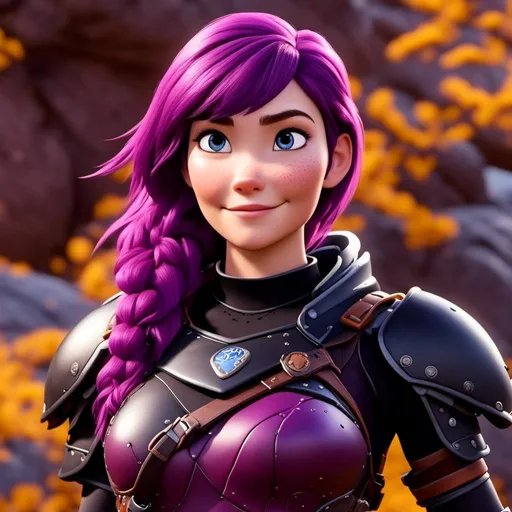 Prompt: <mymodel>CGi Animation, 25-year-old viking woman, purple hair, one braid, caucasian, subtle smile, light blue eyes, black gear, bright purple armor, black textures and highlights, unreal engine 8k octane, 3d lighting, full body, full armor