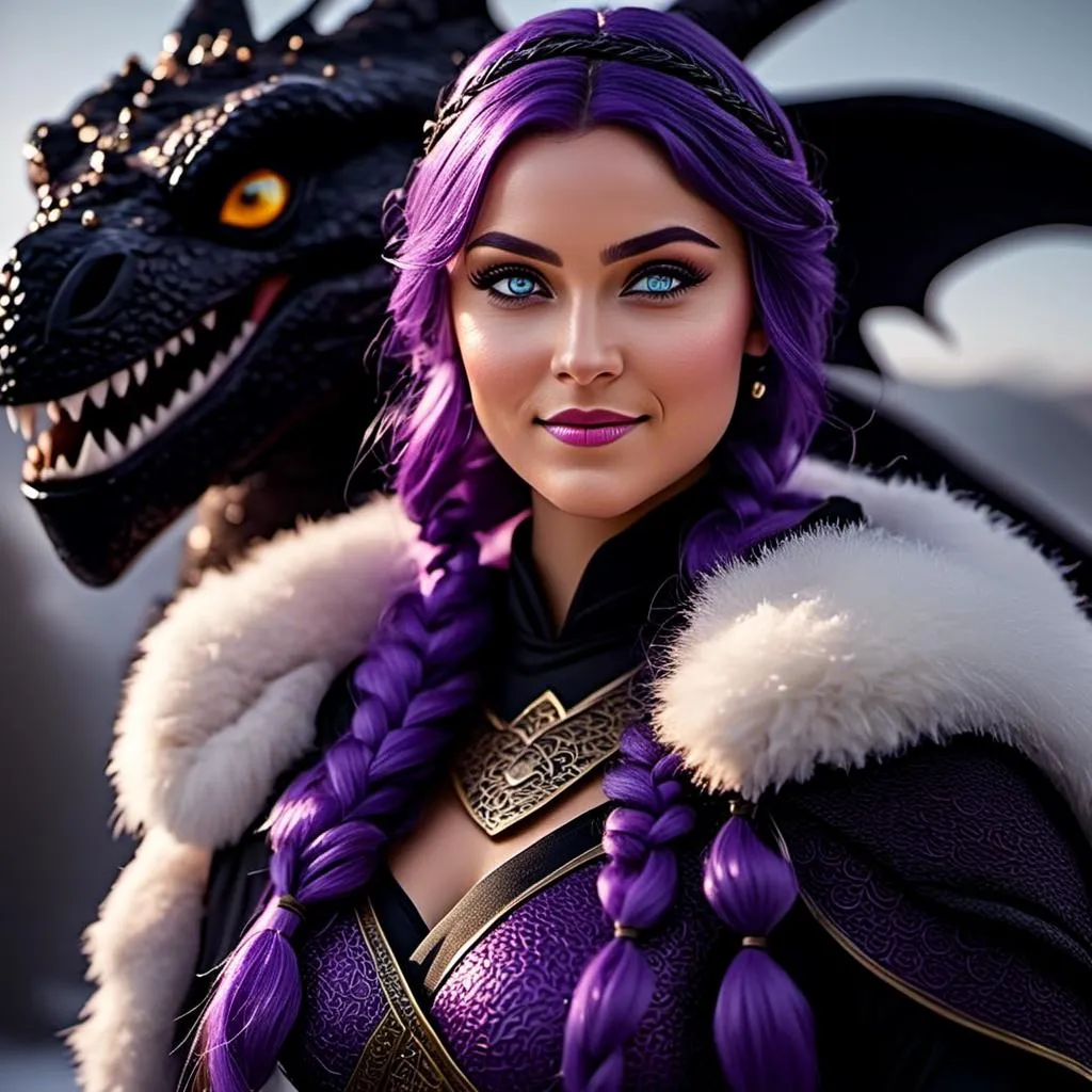 Prompt: Photo of <mymodel> standing next to her ((black)) razorwhip dragon from How to Train Your Dragon in the snow, she has light blue eyes, she is wearing a fur hood over her head, she is wearing a fur cape