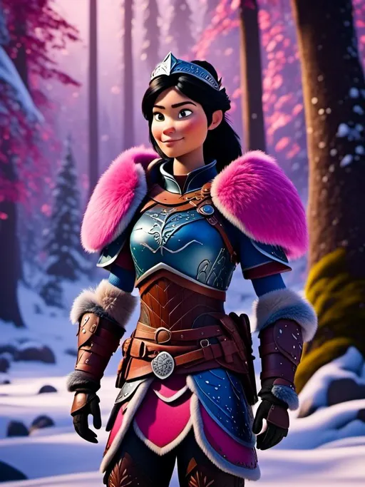 Prompt: <mymodel>CGI Animation, digital art, 20-year-old-old viking woman of royalty standing in the forest, a snowy scene, {{pink gear, blue armor}}, black hair, straight hair with a tiara, subtle smile, unreal engine 8k octane, 3d lighting, close up camera shot on the face, full armor