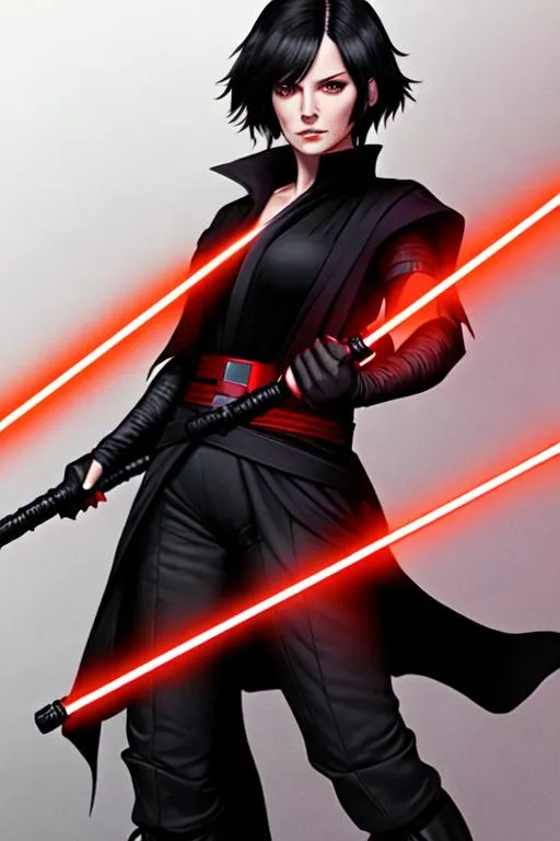 Prompt: A woman sith lord, black short-length hair, black short sleeve shirt, black vest past the waist, black belt, black pants, black boots, two lightsabers one red one light pink