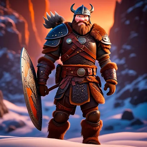Prompt: <mymodel>Animated CGI style, male viking with a helmet, bright colored armor and gear, realistic textures, high quality, vibrant color palette, atmospheric lighting