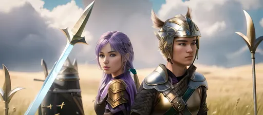 Prompt: create a female and male viking warriors, the female has purple hair and is holding and axe, her gear is black and silver.

The male has short brown hair with a gold helmet and holds a sword, his gear is shades of green with brown leather

They are in a grassy field