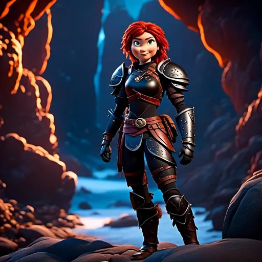 Prompt: <mymodel>CGI animation, 40-year-old woman, red hair, dreadlocks, braids, light blue eyes, black gear, black armor, standing in a shadowy cave, cinematic lighting