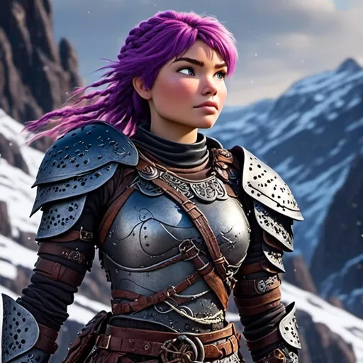 Prompt: <mymodel>animated CGI style, caucasian white, purple hair, viking female warrior, detailed braided hair and battle scars, rugged and weathered armor, intense and determined gaze, snowy and rugged landscape, fierce, warrior, detailed hair, battle scars, snowy landscape, intense gaze, weathered armor, dramatic lighting