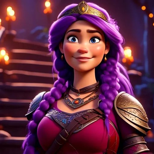 Prompt: <mymodel>CGI Animation, digital art, 20-year-old-old viking woman with light blue eyes, standing on the stairs in her house, purple hair with purple strands, single braid down her shoulder with a tiara, subtle smile, unreal engine 8k octane, 3d lighting, close up camera shot on the face, full armor