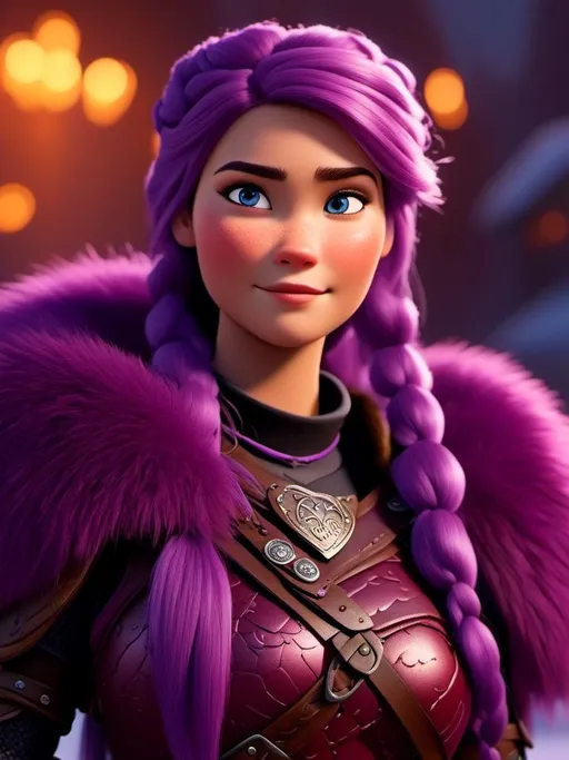 Prompt: <mymodel>CGI Animation, digital art, 20-year-old-old viking woman with light blue eyes, standing in a battle arena at the ready, purple hair with purple strands, single braid down her shoulder with a tiara, subtle smile, unreal engine 8k octane, 3d lighting, close up camera shot on the face, full armor