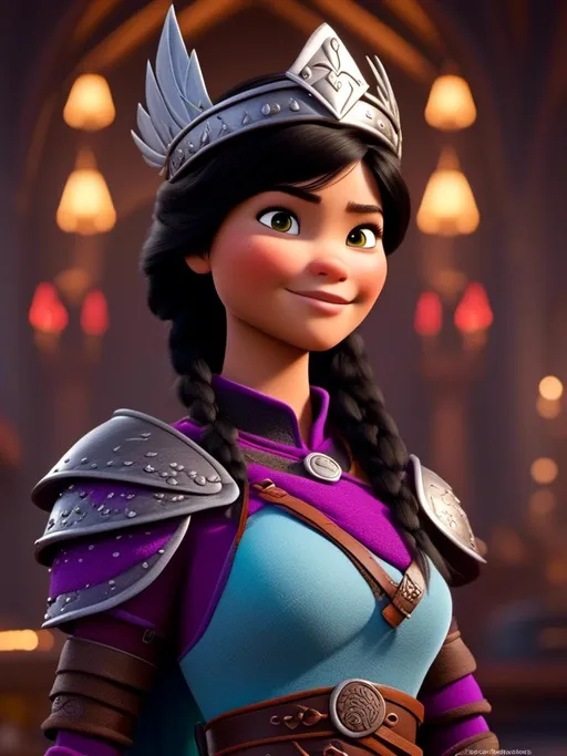 Prompt: <mymodel>CGI Animation, digital art, 20-year-old-old viking woman of royalty standing in The Great Hall on the Isle of Berk, light blue eyes, {{black gear, purple armor}}, black hair, single braid down her shoulder with a tiara, subtle smile, unreal engine 8k octane, 3d lighting, close up camera shot on the face, full armor