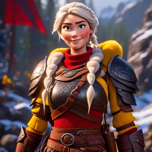 Prompt: <mymodel>CGi Animation, 20-year-old viking woman with one hair braid, subtle smile, white hair, blue eyes, blue gear, yellow armor, red clothes, yellow textures and highlights, unreal engine 8k octane, 3d lighting, full body, full armor