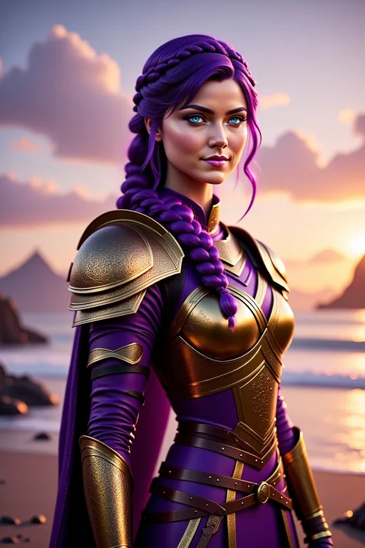 Prompt: <mymodel>CGI Animation, digital art, 20-year-old-old viking woman with light blue eyes, purple gear, gold armor, she is overjoyed, purple hair with purple strands, standing on the beach at sunset, single braid down her shoulder, unreal engine 16k octane, 3d lighting, full armor
