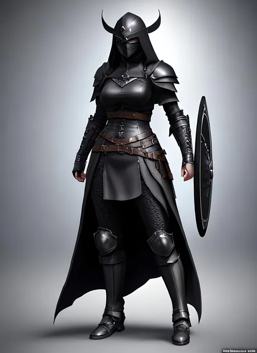 Prompt: Create a 3D digital art character of a sinister Viking woman wearing black armor, a long black cloak down to the feet, and an armored mask. The character should also be wearing a black helmet that fully encases her head, with no part of her face or eyes visible