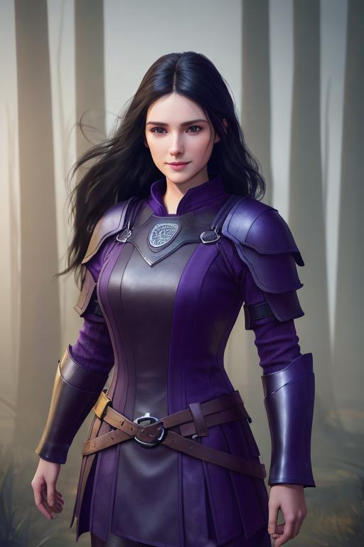 Prompt: Digital Art, 25-year-old viking woman, purple gear, purple clothes, subtle smile, black straight hair, dark purple eyes, a dark purple long-sleeve shirt, textured skirt down to knees, dark purple pants, dark purple armor, long black hair with volume, middle part in hair, leather boots, dark purple gear, unreal engine 64k octane, hdr, 3d lighting, full body, full armor