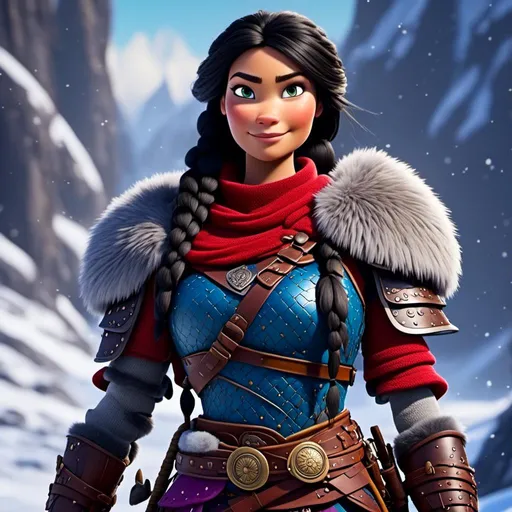 Prompt: <mymodel>CGi Animation, 20-year-old viking woman warrior with blue eyes, a snowy scene, the viking woman has a subtle smile, black hair, she has red gear, yellow armor with bursts of purple splotches, black pants, black boots