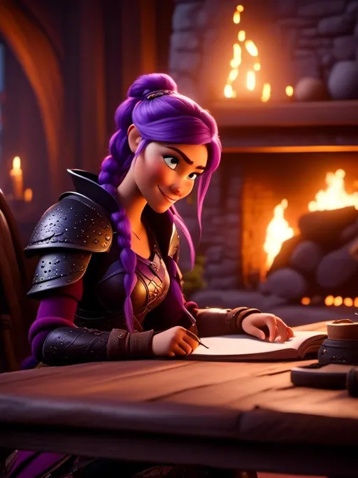 Prompt: <mymodel>CGI Animation, digital art, 20-year-old-old viking woman of royalty sitting at a desk in her home in the living room next to the fireplace, light blue eyes, {{black gear, purple armor}}, purple hair, single braid down her shoulder with a tiara, subtle smile, unreal engine 8k octane, 3d lighting, close up camera shot on the face, full armor