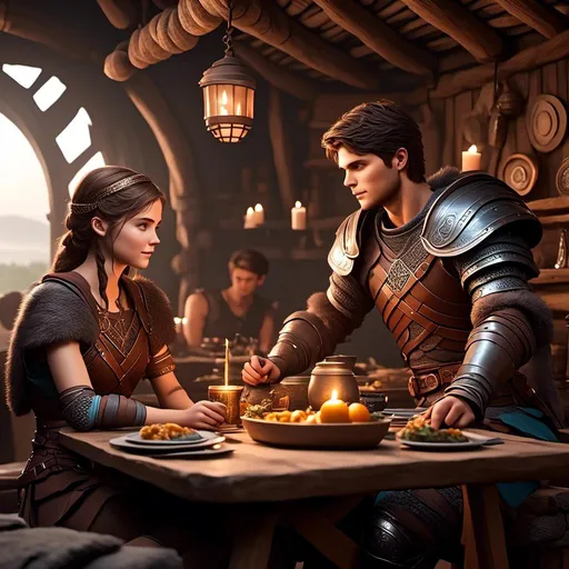 Prompt: Photo of <mymodel> sitting at the supper table in their viking hut, Annabeth eyes are open to see her light blue eyes, {{{{Annabeth has purple hair with a single hair braid down her shoulder, she has gold armor and black gear}}}}, Annabeth is slightly shorter and they are both in their early 30s